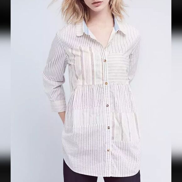 Anthropologie Holding Horses Patchwork Poplin Button Front Tunic Top Size Medium - Picture 1 of 8